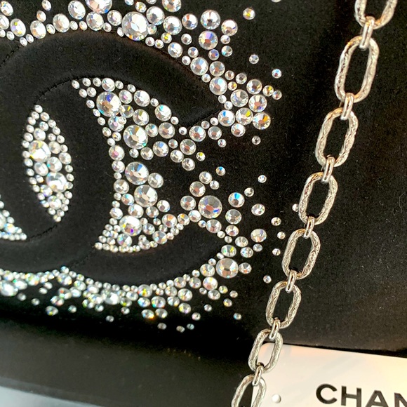 CHANEL 🖤 Rare Diamonte Swarovski Crystal Studded CC Black Satin Silk Chain Bag - Picture 6 of 16